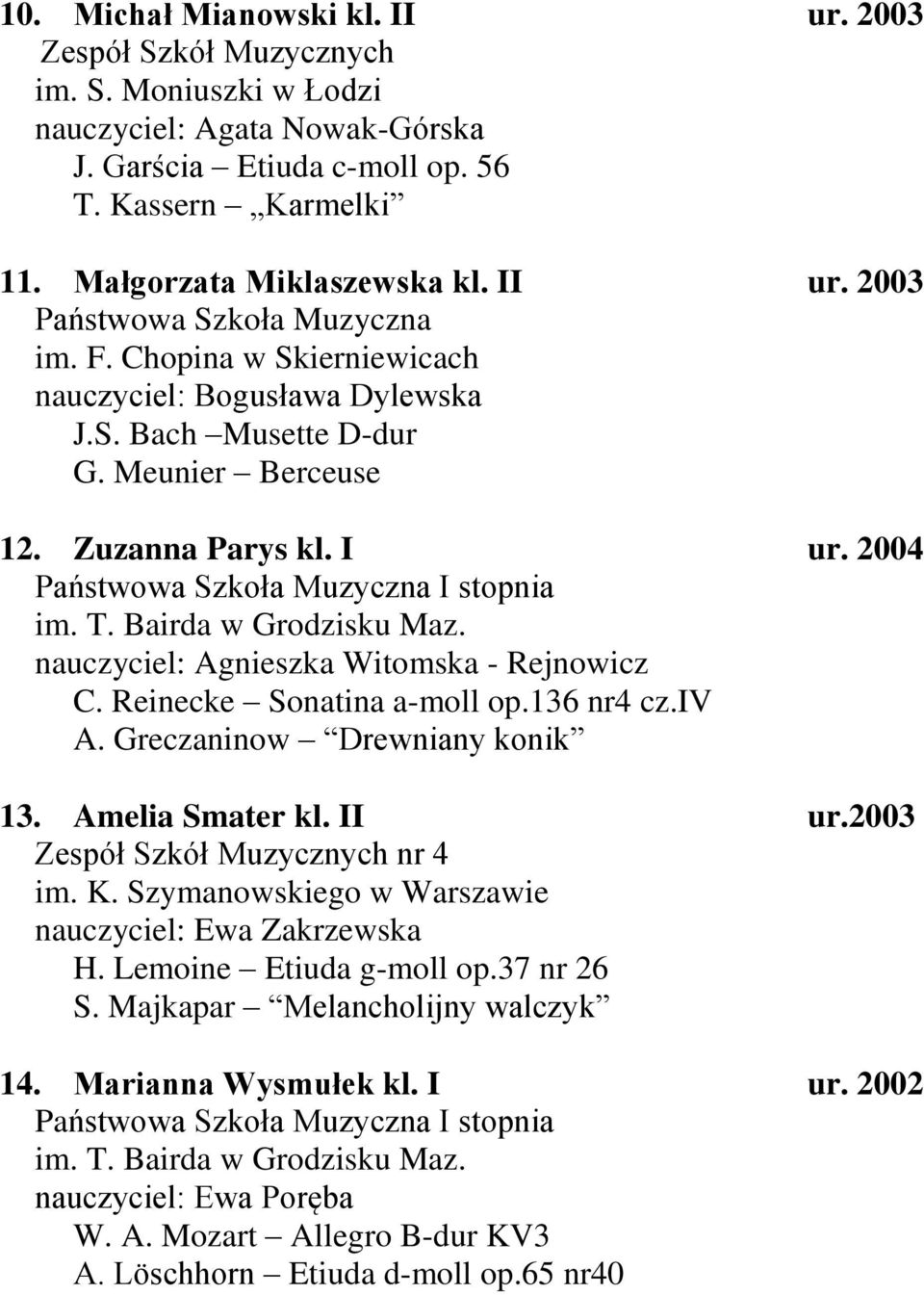 2004 nauczyciel: Agnieszka Witomska - Rejnowicz C. Reinecke Sonatina a-moll op.136 nr4 cz.iv A. Greczaninow Drewniany konik 13. Amelia Smater kl. II ur.2003 Zespół Szkół Muzycznych nr 4 im. K.