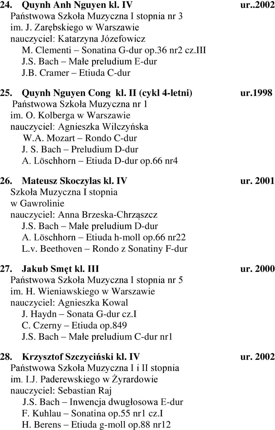 Löschhorn Etiuda D-dur op.66 nr4 26. Mateusz Skoczylas kl. IV ur. 2001 Szkoła Muzyczna I stopnia w Gawrolinie nauczyciel: Anna Brzeska-Chrząszcz J.S. Bach Małe preludium D-dur A.