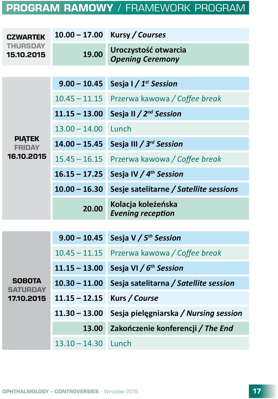 25 Sesja IV / 4 th Session 10.00 16.30 Sesje satelitarne / Satellite sessions 20.00 Kolacja koleżeńska Evening reception SOBOTA SATURDAY 17.10.2015 9.00 10.45 Sesja V / 5 th Session 10.45 11.