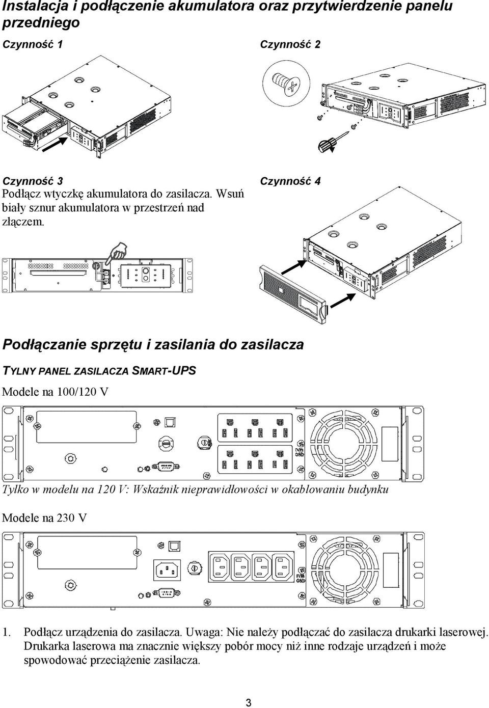 Podłączanie sprzętu i zasilania do zasilacza TYLNY PANEL ZASILACZA SMART-UPS Modele na 100/120 V Tylko w modelu na 120 V: Wskaźnik nieprawidłowości w