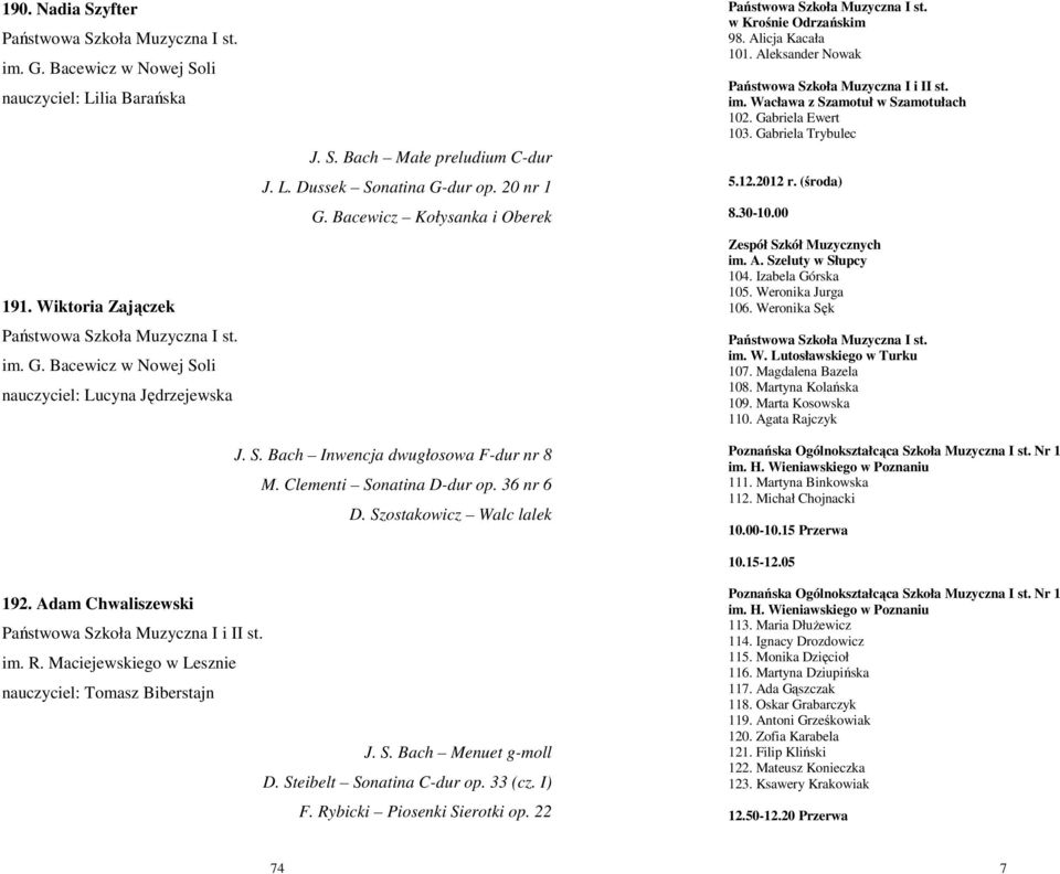 (środa) 8.30-10.00 im. A. Szeluty w Słupcy 104. Izabela Górska 105. Weronika Jurga 106. Weronika Sęk im. W. Lutosławskiego w Turku 107. Magdalena Bazela 108. Martyna Kolańska 109. Marta Kosowska 110.