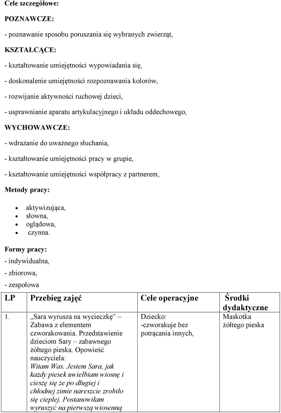 kształtowanie umiejętności współpracy z partnerem, Metody pracy: aktywizująca, słowna, oglądowa, czynna.