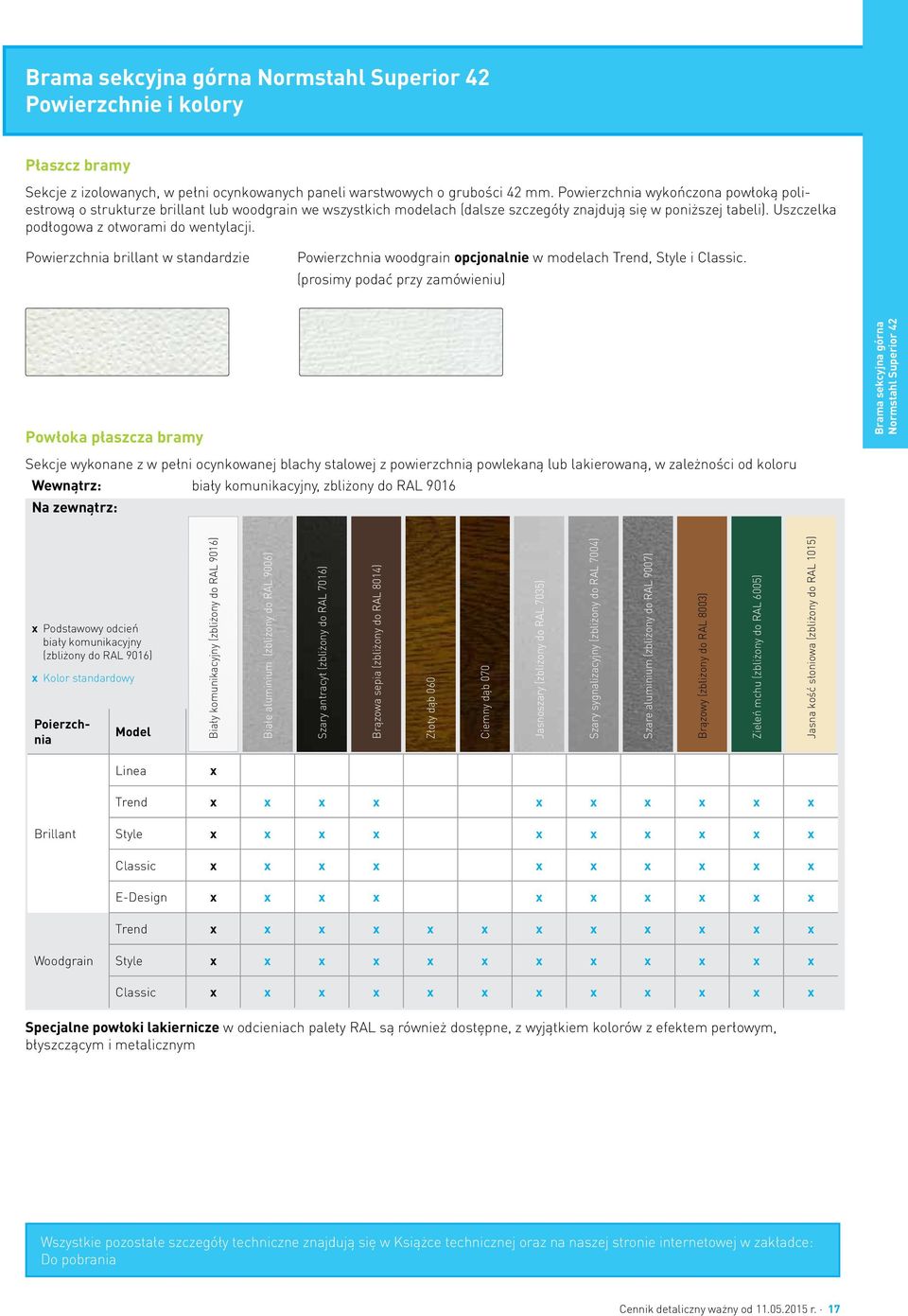 Powierzchnia brillant w standardzie Powierzchnia woodgrain opcjonalnie w modelach Trend, Style i Classic.