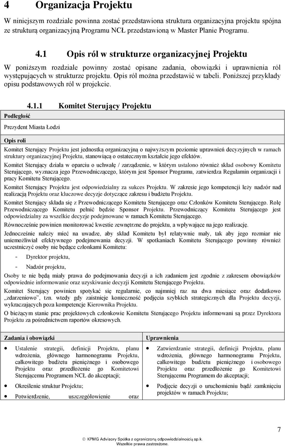 Opis ról mona przedstawić w tabeli. Poniszej przykłady opisu podstawowych ról w projekcie. Podległość 4.1.