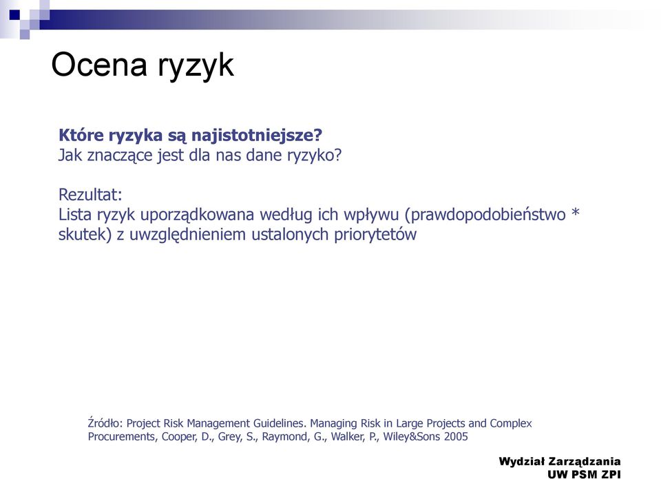 uwzględnieniem ustalonych priorytetów Źródło: Project Risk Management Guidelines.