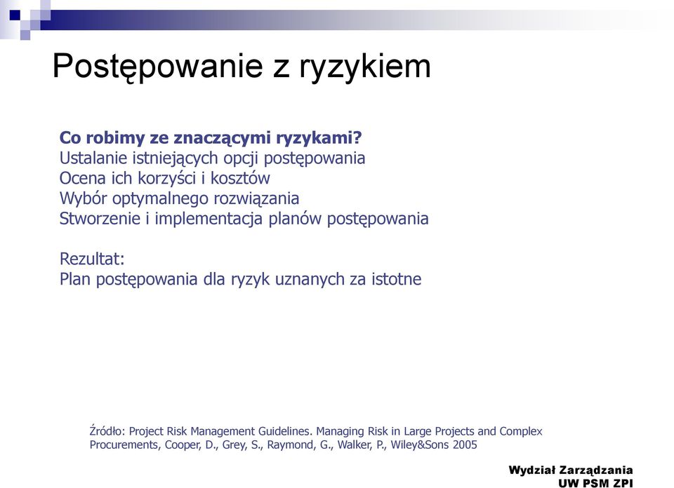 Stworzenie i implementacja planów postępowania Rezultat: Plan postępowania dla ryzyk uznanych za istotne