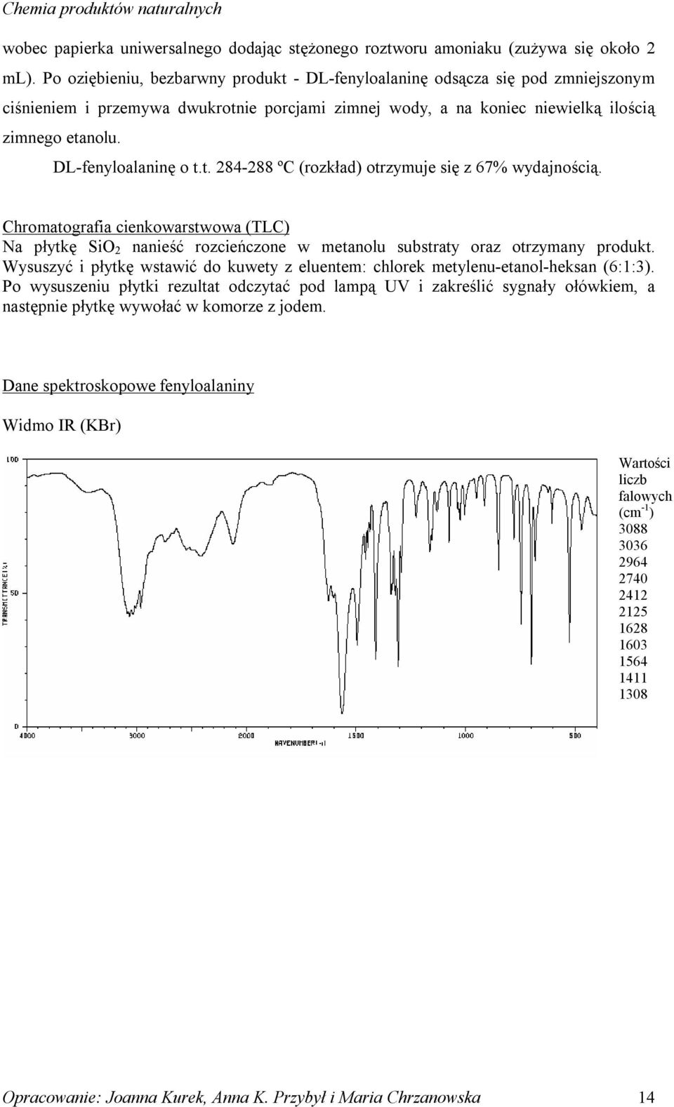 DL-fenyloalaninę o t.t. 284-288 ºC (rozkład) otrzymuje się z 67% wydajnością. Chromatografia cienkowarstwowa (TLC) Na płytkę Si 2 nanieść rozcieńczone w metanolu substraty oraz otrzymany produkt.