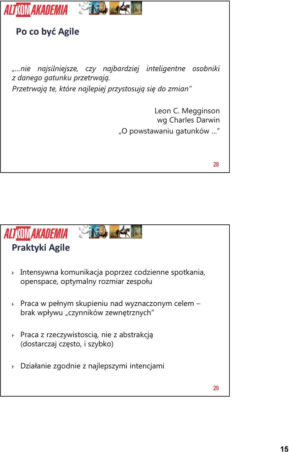 Megginson wg Charles Darwin O powstawaniu gatunków 28 Praktyki Agile Intensywna komunikacja poprzez codzienne spotkania, openspace,
