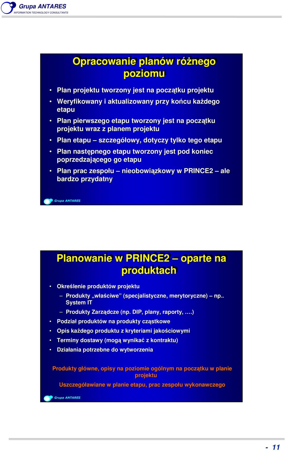 przydatny Planowanie w PRINCE2 oparte na produktach Określenie produktów projektu Produkty właściwe (specjalistyczne, merytoryczne) np.. System IT Produkty Zarządcze (np( np.. DIP, plany, raporty,.