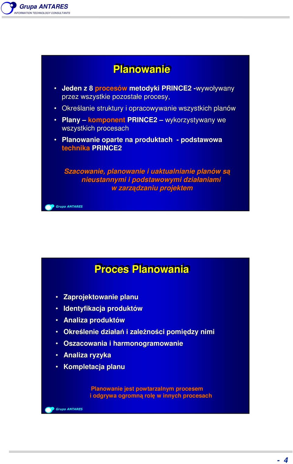 nieustannymi i podstawowymi działaniami w zarządzaniu projektem Proces Planowania Zaprojektowanie planu Identyfikacja produktów Analiza produktów Określenie działań