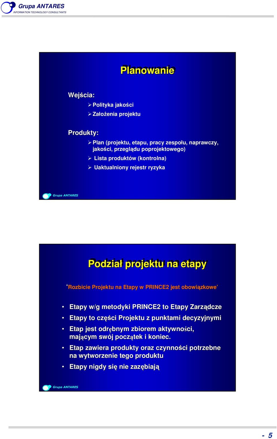 obowiązkowe Etapy w/g metodyki PRINCE2 to Etapy Zarządcze Etapy to części Projektu z punktami decyzyjnymi Etap jest odrębnym zbiorem