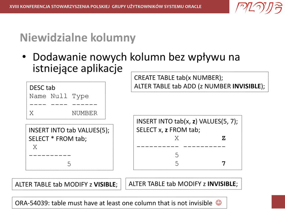 NUMBER INVISIBLE); INSERT INTO tab(x, z) VALUES(5, 7); SELECT x, z FROM tab; X Z ---------- ---------- 5 5 7 ALTER TABLE