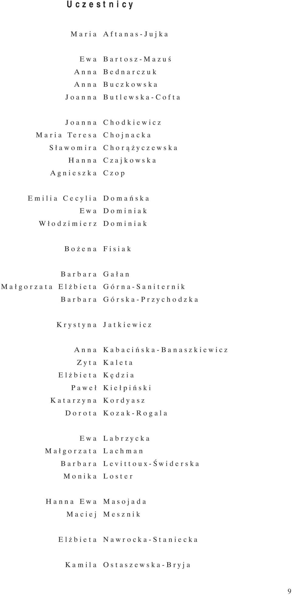 Górna-Saniternik Barbara Górska-Przychodzka Krystyna Jatkiewicz Anna Kabacińska-Banaszkiewicz Zyta Kaleta Elżbieta Kędzia Paweł Kiełpiński Katarzyna Kordyasz