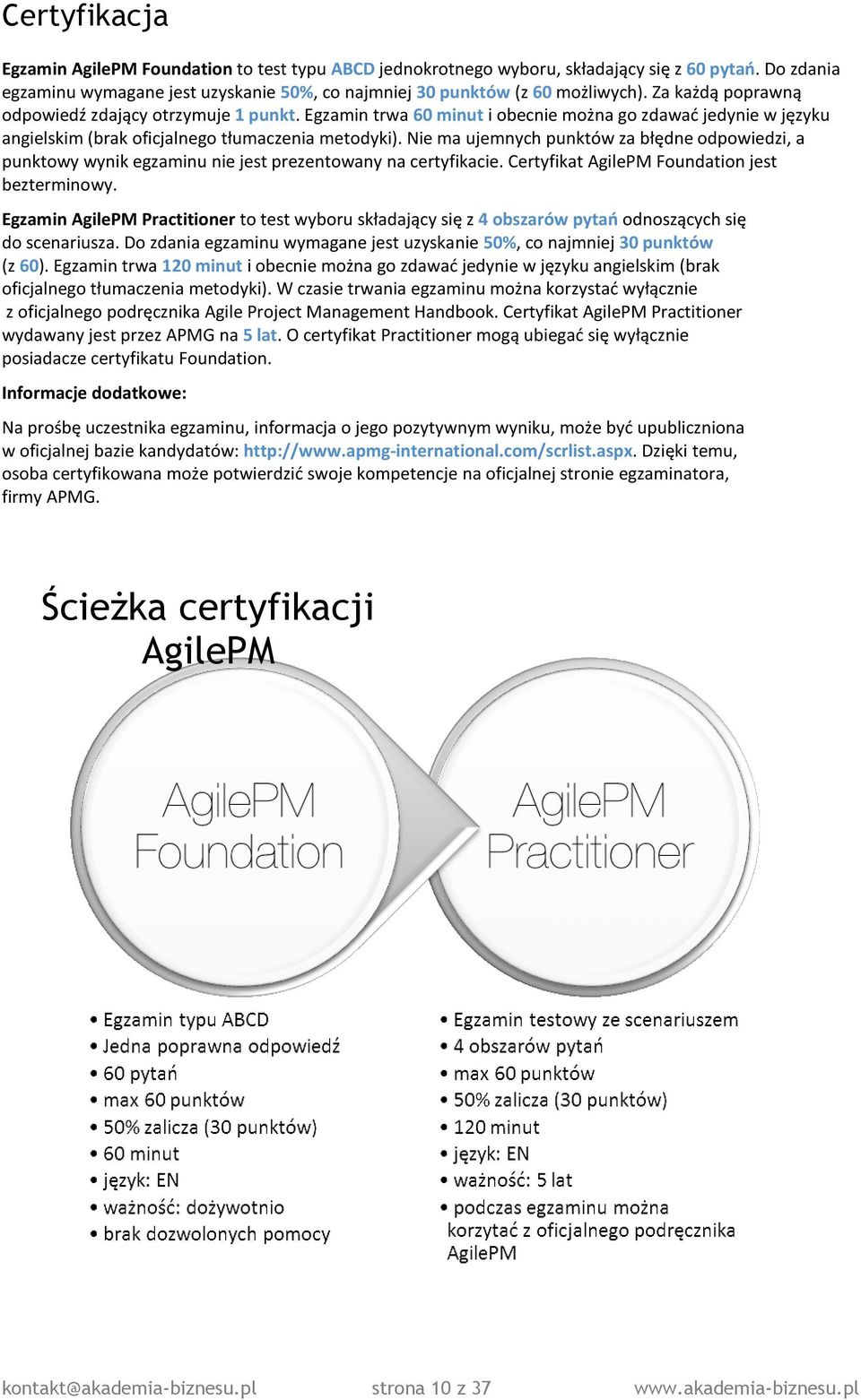 Nie ma ujemnych punktów za błędne odpowiedzi, a punktowy wynik egzaminu nie jest prezentowany na certyfikacie. Certyfikat AgilePM Foundation jest bezterminowy.