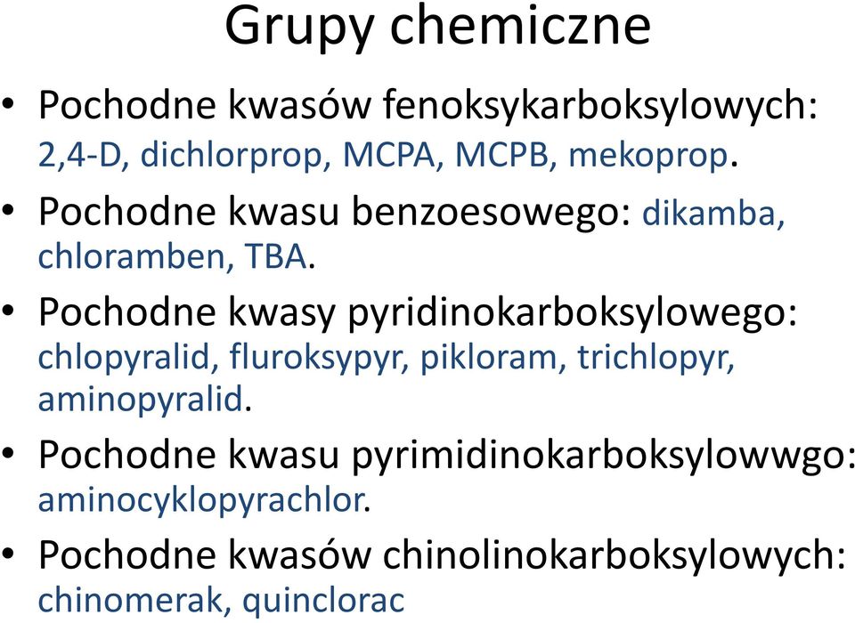 Pochodne kwasy pyridinokarboksylowego: chlopyralid, fluroksypyr, pikloram, trichlopyr,