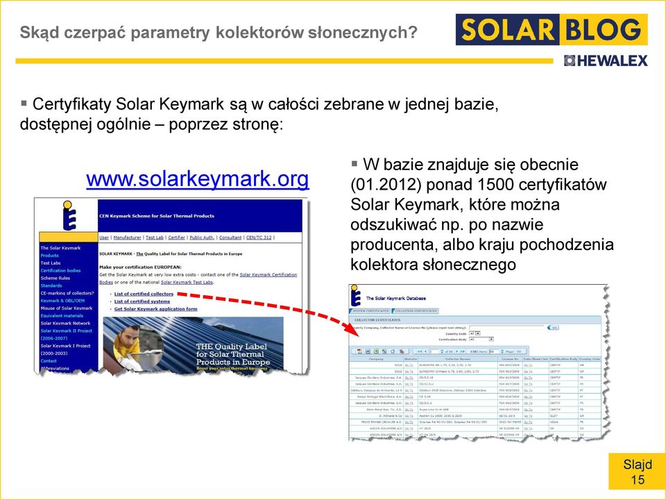 poprzez stronę: www.solarkeymark.org W bazie znajduje się obecnie (01.