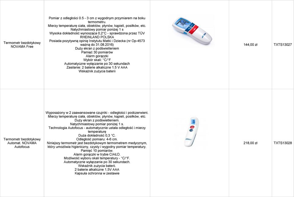 2016) Duży ekran z podświetleniem Pamięć 30 pomiarów Alarm gorączki Wybór skali: C/ F Automatyczne wyłączanie po 30 sekundach Zasilanie: 2 baterie alkaliczne 1.