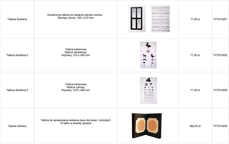 Wymiary: 310 x 455 mm 71,00 zł TXTS13032 Tablica Snellena 3 Tablica kartonowa Nadruk cyfrowy Wymiary: 310