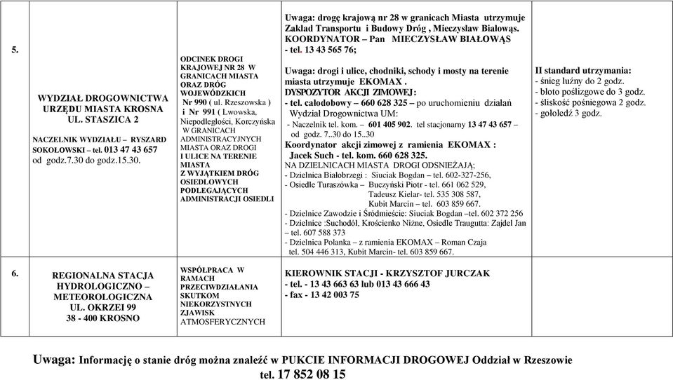 Rzeszowska ) i Nr 991 ( Lwowska, Niepodległości, Korczyńska W GRANICACH ADMINISTRACYJNYCH MIASTA ORAZ DROGI I ULICE NA TERENIE MIASTA Z WYJĄTKIEM DRÓG OSIEDLOWYCH PODLEGAJĄCYCH ADMINISTRACJI OSIEDLI