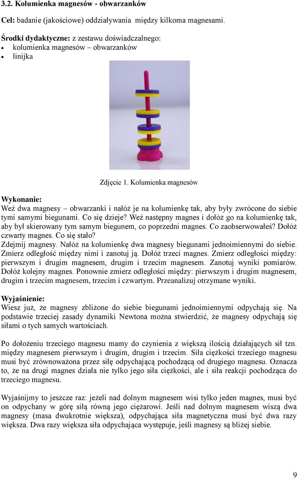 Kolumienka magnesów Weź dwa magnesy obwarzanki i nałóż je na kolumienkę tak, aby były zwrócone do siebie tymi samymi biegunami. Co się dzieje?