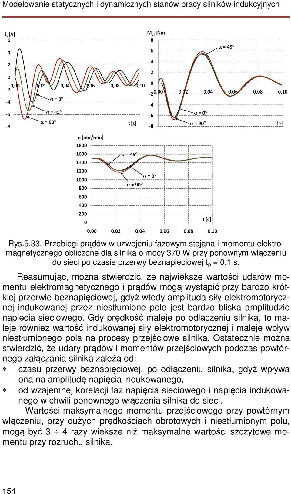 Reasumując, można stwierdzić, że największe wartości udarów momentu elektromagnetycznego i prądów mogą wystąpić przy bardzo krótkiej przerwie beznapięciowej, gdyż wtedy amplituda siły