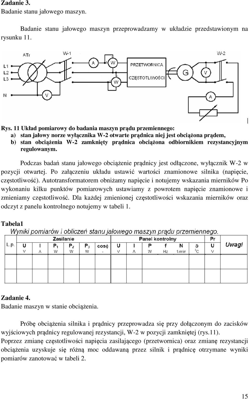 rezystancyjnym regulowanym. Podczas badań stanu jałowego obciążenie rądnicy jest odłączone, wyłącznik W-2 w ozycji otwartej.