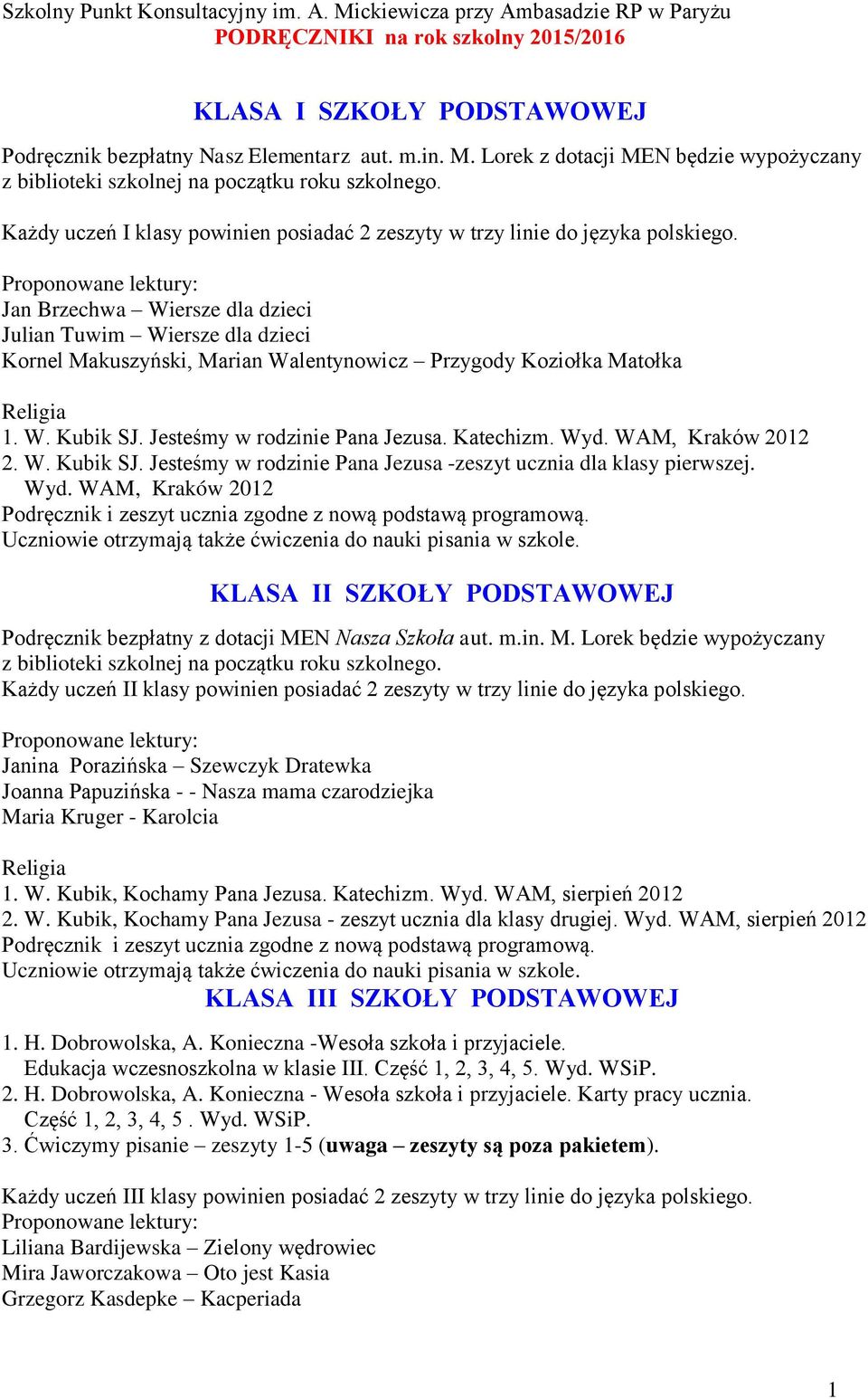 Proponowane lektury: Jan Brzechwa Wiersze dla dzieci Julian Tuwim Wiersze dla dzieci Kornel Makuszyński, Marian Walentynowicz Przygody Koziołka Matołka Religia 1. W. Kubik SJ.