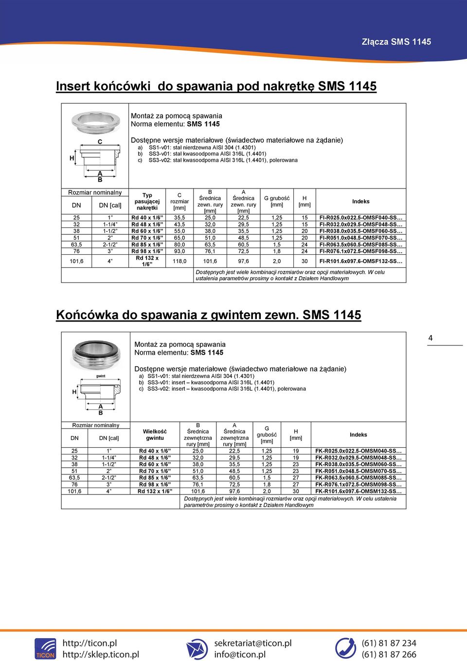 5-OMSF040-SS 32 1-1/4 Rd 48 x 1/6 43,5 32,0 29,5 1,25 15 FI-R032.0x029.5-OMSF048-SS 38 1-1/2 Rd 60 x 1/6 55,0 38,0 35,5 1,25 20 FI-R038.0x035.