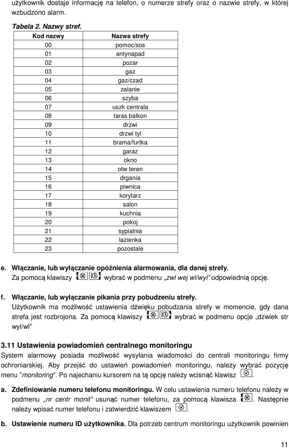 15 drgania 16 piwnica 17 korytarz 18 salon 19 kuchnia 20 pokoj 21 sypialnia 22 lazienka 23 pozostale e. Włączanie, lub wyłączanie opóźnienia alarmowania, dla danej strefy.