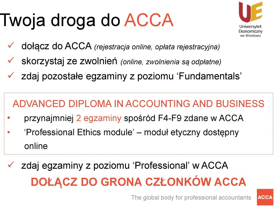 ACCOUNTING AND BUSINESS przynajmniej 2 egzaminy spośród F4-F9 zdane w ACCA Professional Ethics module