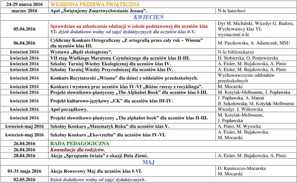 Badora, Wychowawcy klas VI, wyznaczeni n-le 06.04.2016 Cykliczny Konkurs Ortograficzny Z ortografią przez cały rok Wiosna dla uczniów klas III. M. Paszkowska, A.