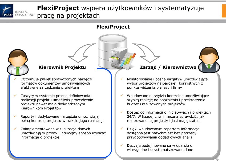 proces definiowania i realizacji projektu umożliwia prowadzenie projektu nawet mało doświadczonym Kierownikom Projektów Raporty i dedykowane narzędzia umożliwiają pełną kontrolę projektu w trakcie