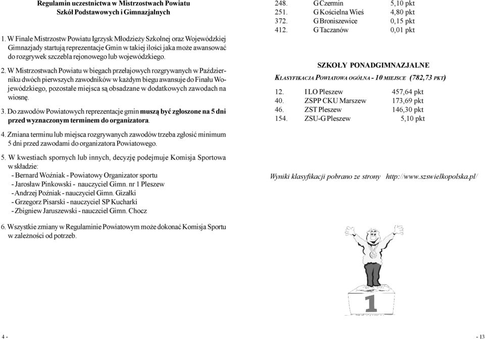 2. W Mistrzostwach Powiatu w biegach przełajowych rozgrywanych w Październiku dwóch pierwszych zawodników w każdym biegu awansuje do Finału Wojewódzkiego, pozostałe miejsca są obsadzane w dodatkowych