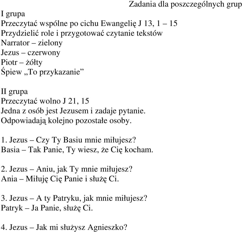 pytanie. Odpowiadają kolejno pozostałe osoby. 1. Jezus Czy Ty Basiu mnie miłujesz? Basia TakPanie,Tywiesz,że Cię kocham. 2.