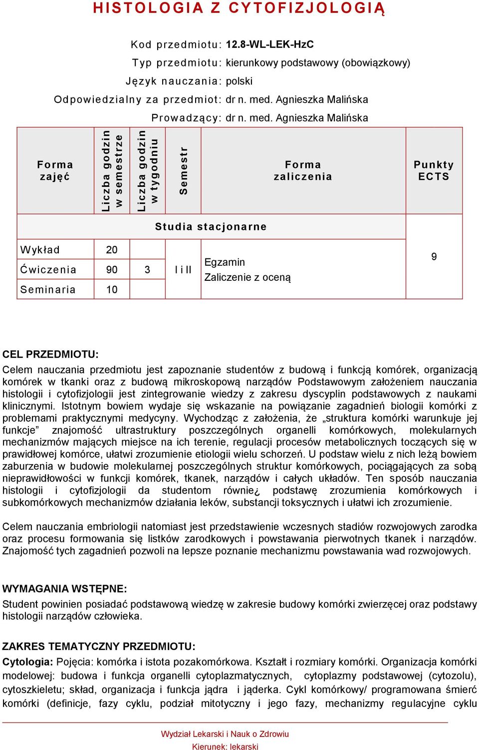 Agnieszka Malińska Prowadząc y: dr n. med.