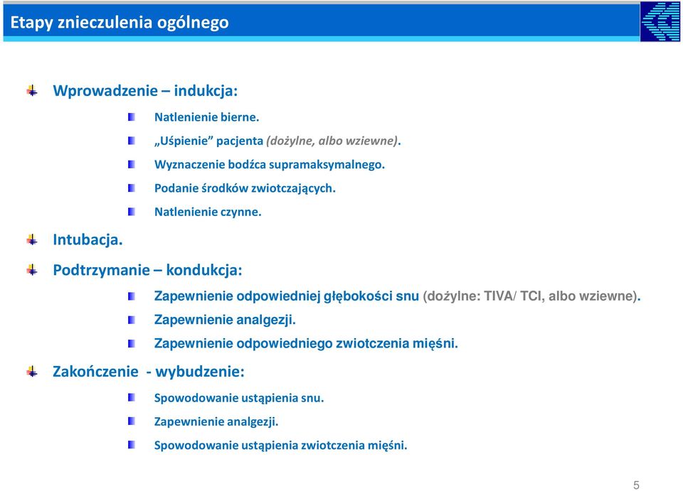 Wyznaczenie bodźca supramaksymalnego. Podanie środków zwiotczających. Natlenienie czynne.