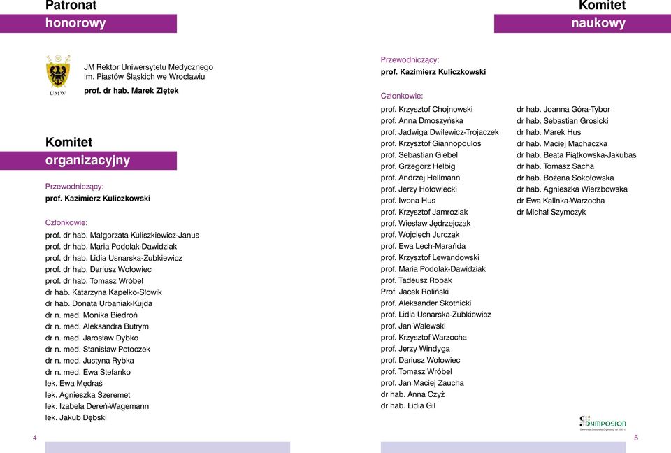 dr hab. Tomasz Wróbel dr hab. Katarzyna Kapelko-Słowik dr hab. Donata Urbaniak-Kujda dr n. med. Monika Biedroń dr n. med. Aleksandra Butrym dr n. med. Jarosław Dybko dr n. med. Stanisław Potoczek dr n.
