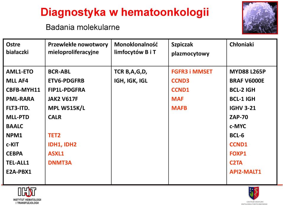 IGK, IGL CCND3 BRAF V6000E CBFB-MYH11 FIP1L-PDGFRA CCND1 BCL-2 IGH PML-RARA JAK2 V617F MAF BCL-1 IGH FLT3-ITD.