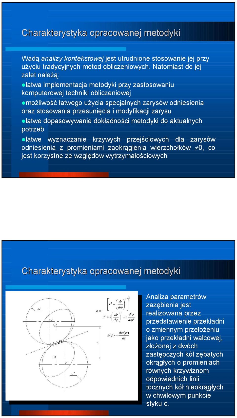 i modyfikacji zarysu łatwe dopasowywanie dokładności metodyki do aktualnych potrzeb łatwe wyznaczanie krzywych przejściowych dla zarysów odniesienia z promieniami zaokrąglenia wierzchołków 0, co jest