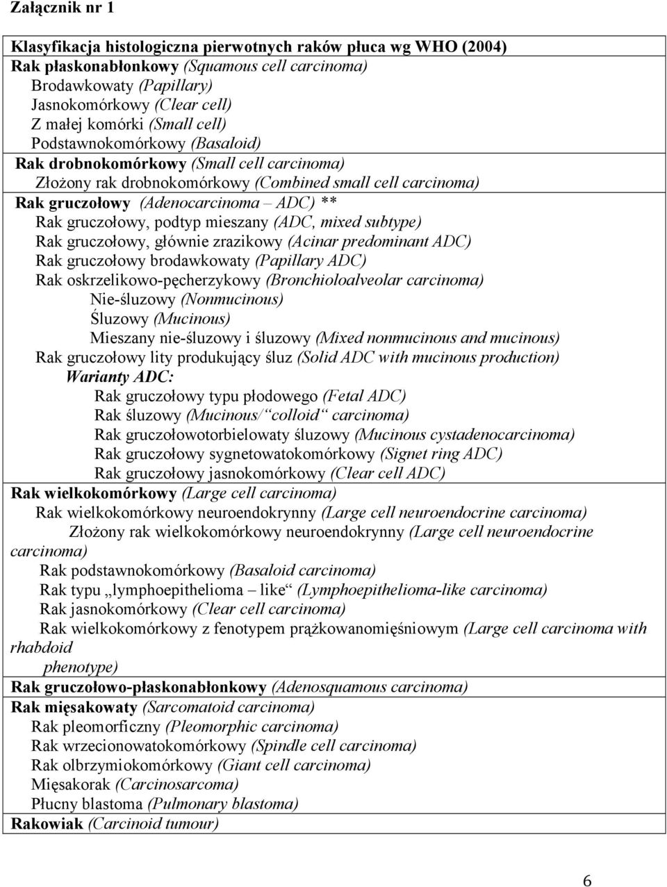 gruczołowy, podtyp mieszany (ADC, mixed subtype) Rak gruczołowy, głównie zrazikowy (Acinar predominant ADC) Rak gruczołowy brodawkowaty (Papillary ADC) Rak oskrzelikowo-pęcherzykowy