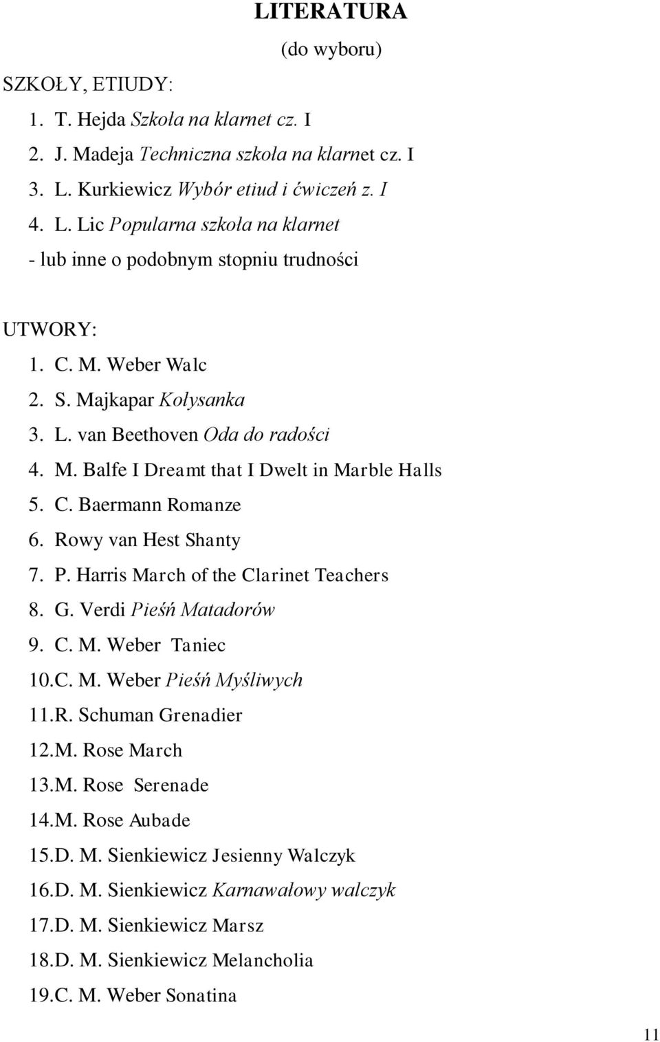 M. Balfe I Dreamt that I Dwelt in Marble Halls 5. C. Baermann Romanze 6. Rowy van Hest Shanty 7. P. Harris March of the Clarinet Teachers 8. G. Verdi Pieśń Matadorów 9. C. M. Weber Taniec 10. C. M. Weber Pieśń Myśliwych 11.