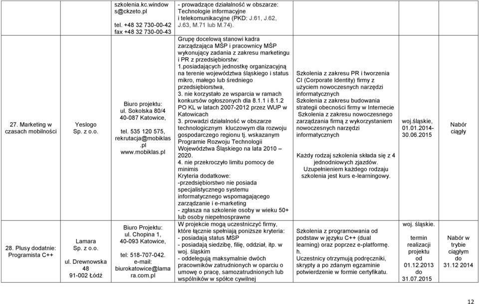 Chopina 1, 40-093 Katowice, tel: 518-707-042. biurokatowice@lama ra.com.pl - prowadzące działalność w obszarze: Technologie informacyjne i telekomunikacyjne (PKD: J.61, J.62, J.63, M.71 lub M.74).