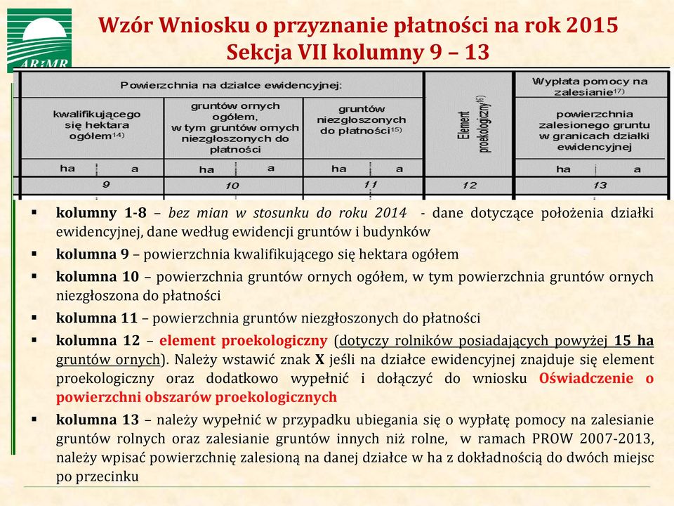 ornych niezgłoszona do płatności kolumna 11 powierzchnia gruntów niezgłoszonych do płatności kolumna 12 element proekologiczny (dotyczy rolników posiadających powyżej 15 ha gruntów ornych).