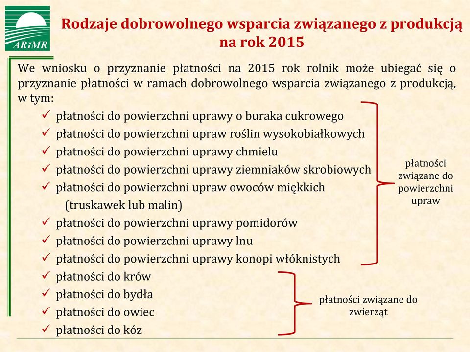 powierzchni uprawy chmielu płatności do powierzchni uprawy ziemniaków skrobiowych płatności do powierzchni upraw owoców miękkich (truskawek lub malin) płatności do powierzchni uprawy pomidorów