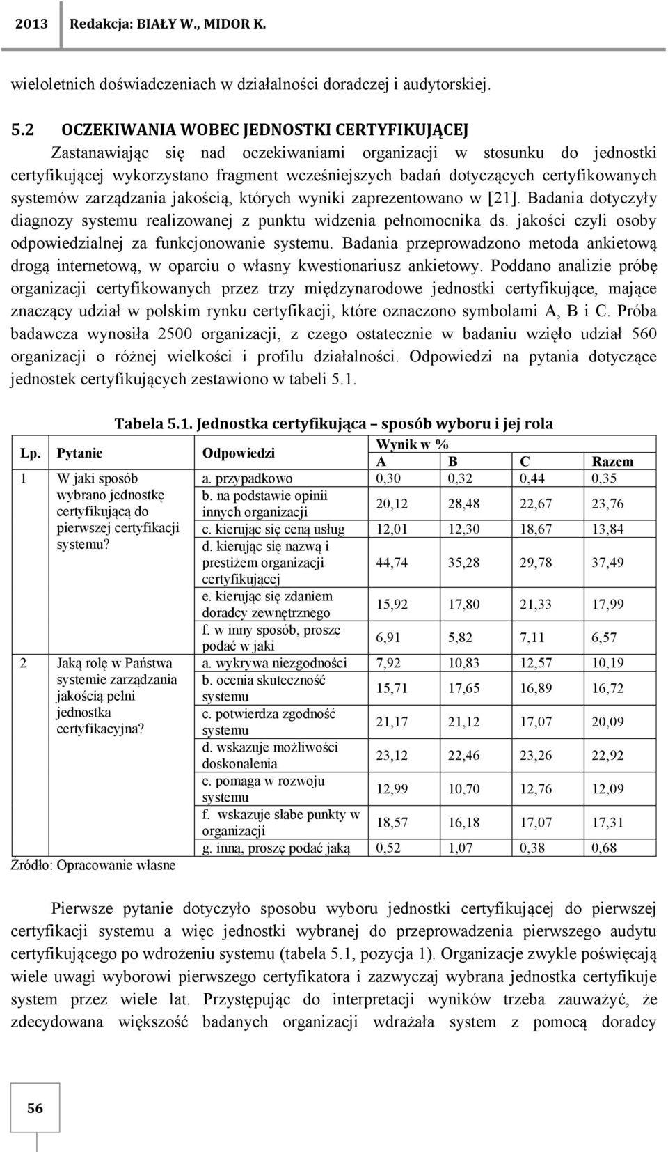 certyfikowanych systemów zarządzania jakością, których wyniki zaprezentowano w [21]. Badania dotyczyły diagnozy systemu realizowanej z punktu widzenia pełnomocnika ds.