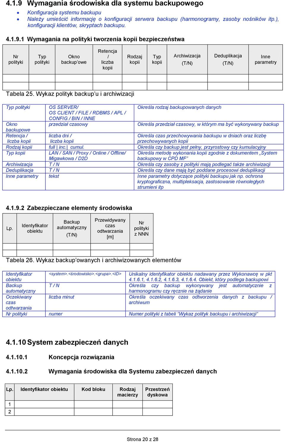 1 Wymagania na polityki tworzenia kopii bezpieczeństwa Nr polityki Typ polityki Okno backup owe Retencja / liczba kopii Rodzaj kopii Typ kopii Archiwizacja (T/N) Deduplikacja (T/N) Inne parametry