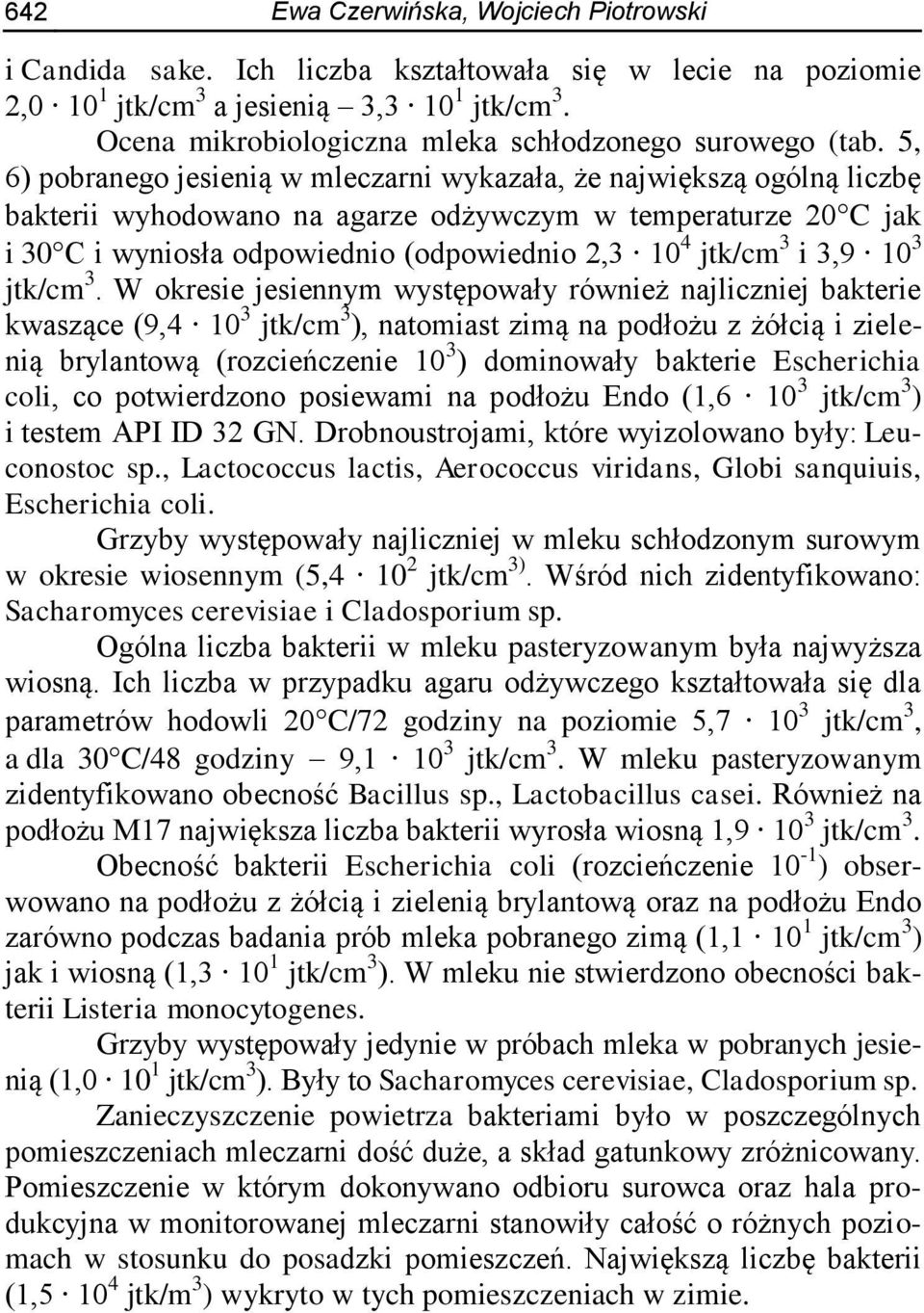 5, 6) pobranego jesienią w mleczarni wykazała, że największą ogólną liczbę bakterii wyhodowano na agarze odżywczym w temperaturze 20 C jak i 30 C i wyniosła odpowiednio (odpowiednio 2,3 10 4 jtk/cm 3