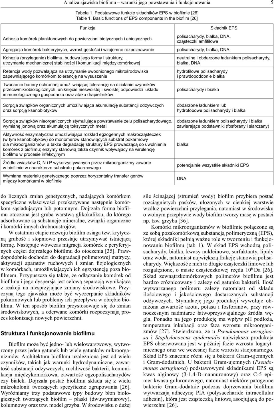 rozpoznawanie Kohezja (przyleganie) biofi lmu, budowa jego formy i struktury, utrzymanie mechanicznej stabilności i komunikacji międzykomórkowej Retencja wody pozwalająca na utrzymanie uwodnionego