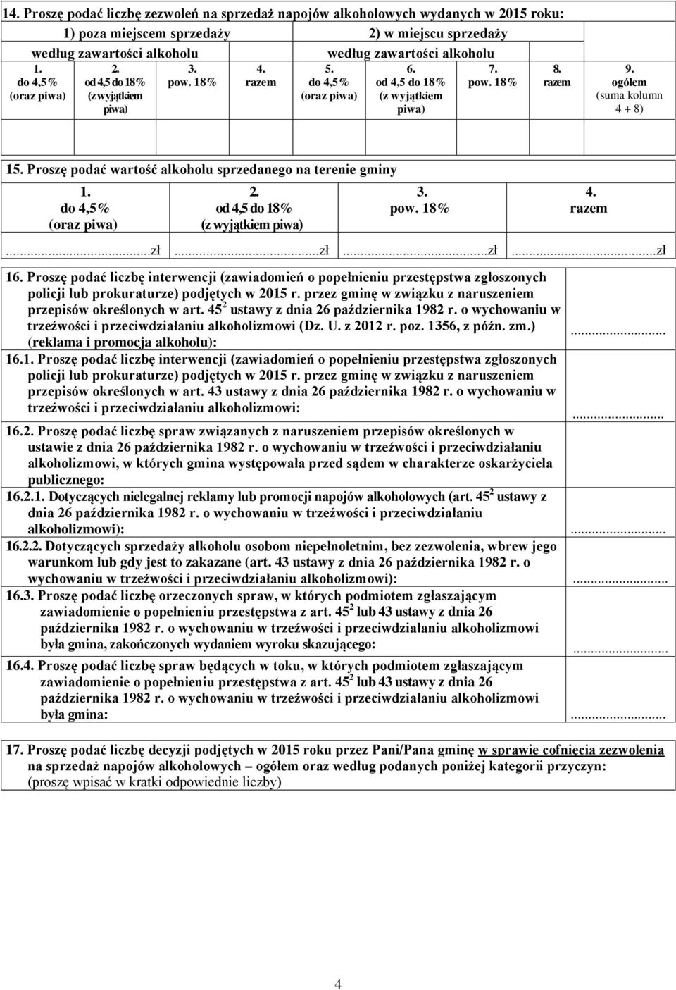 Proszę podać wartość alkoholu sprzedanego na terenie gminy 1. do 4,5% (oraz piwa) 2. od 4,5 do 18% (z wyjątkiem piwa) 3. pow. 18% 4. razem.zł.zł.zł.zł 16.