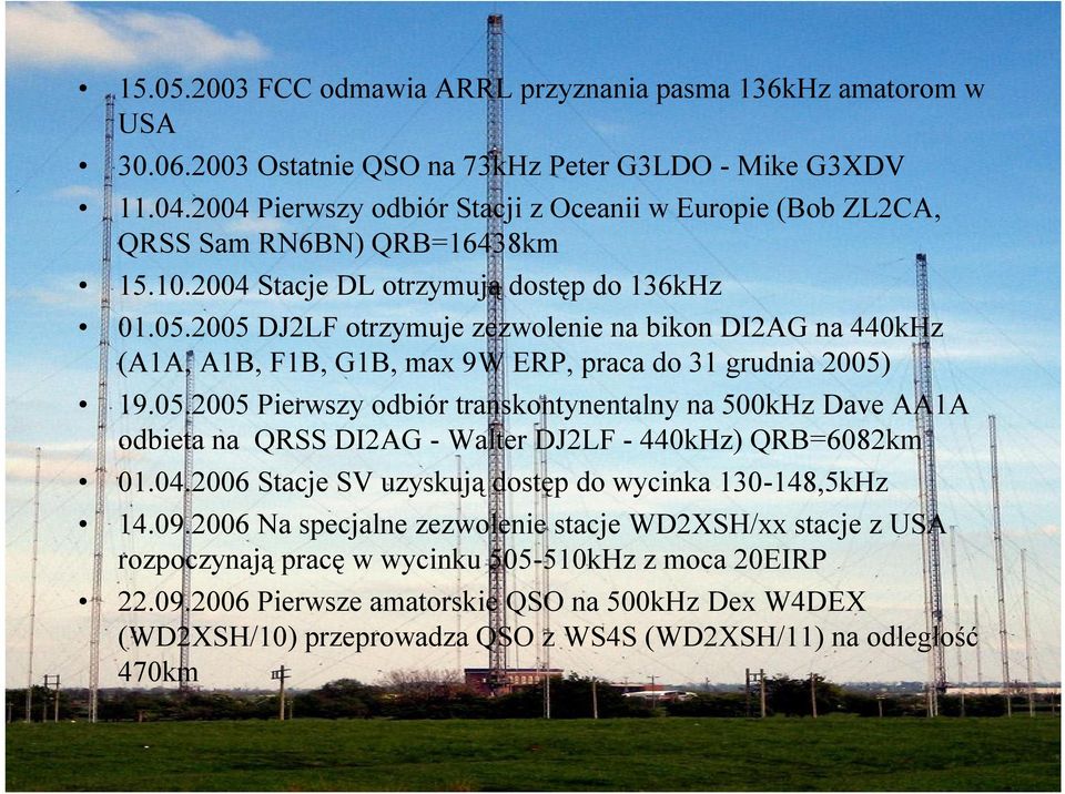 2005 DJ2LF otrzymuje zezwolenie na bikon DI2AG na 440kHz (A1A, A1B, F1B, G1B, max 9W ERP, praca do 31 grudnia 2005) 19.05.2005 Pierwszy odbiór transkontynentalny na 500kHz Dave AA1A odbieta na QRSS DI2AG - Walter DJ2LF - 440kHz) QRB=6082km 01.